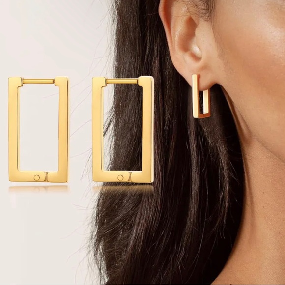 Rectangle Gold Plated Minimalist Hoop Earrings - Picture 1 of 6